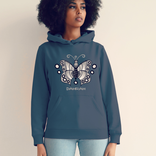 Organic hoodie with print of a scary butterfly by Dahrah Darah Fashion.