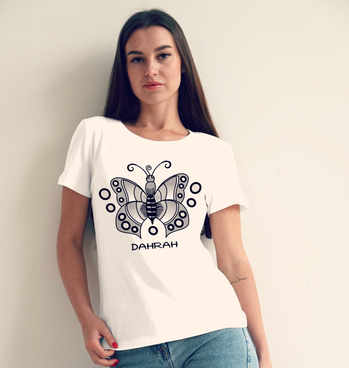 Organic cotton T-shirt for ladies with print of a butterfly by Dahrah Darah Fashion.
