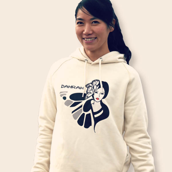 Beautiful high quality organic hoodie with print of a geisha by Dahrah Darah Fashion.