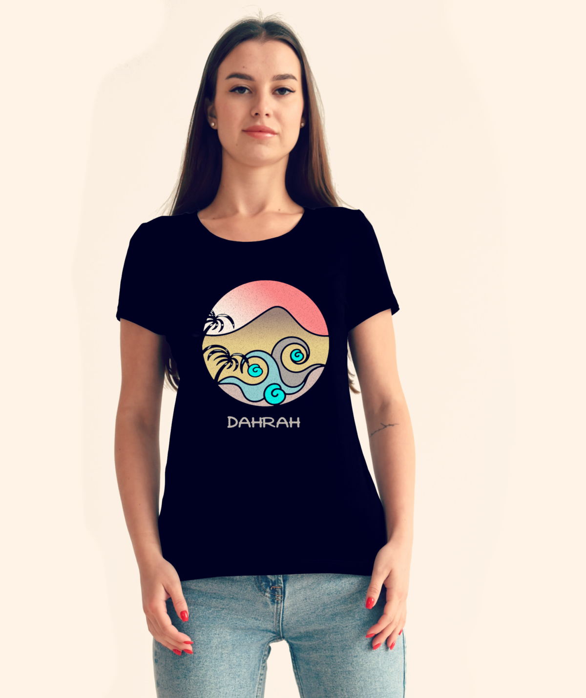 Organic cotton T-shirt with print of a tropical beach by Dahrah Darah Fashion.