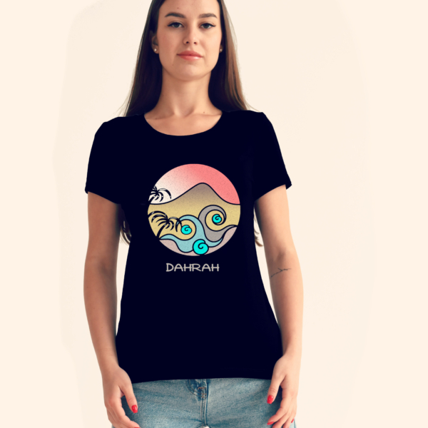 Organic cotton T-shirt with print of a tropical beach by Dahrah Darah Fashion.