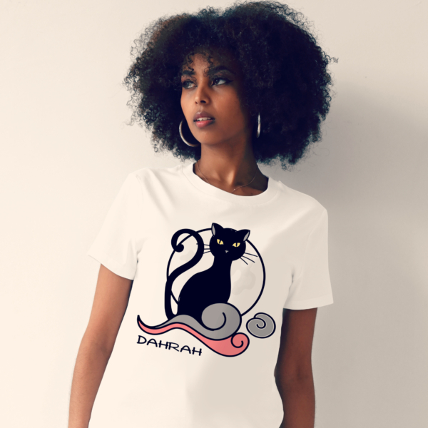 Organic cotton T-shirt with print of a black cat by Dahrah Darah.