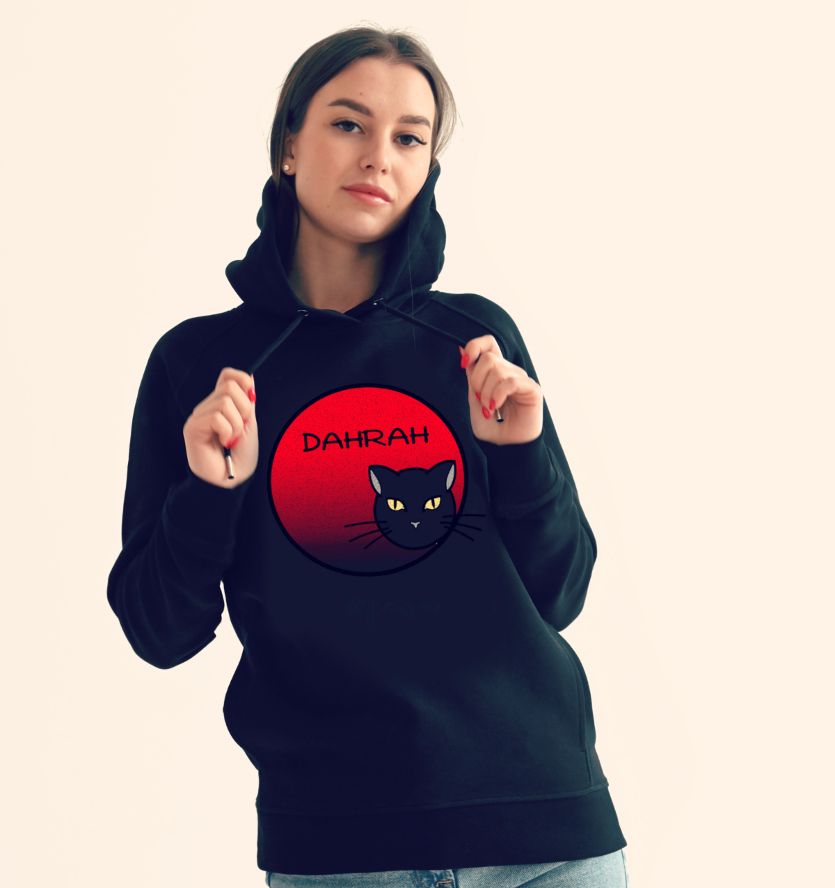 Beautiful high quality organic hoodie with print of a BLACK CAT designed by Dahrah Darah Fashion.