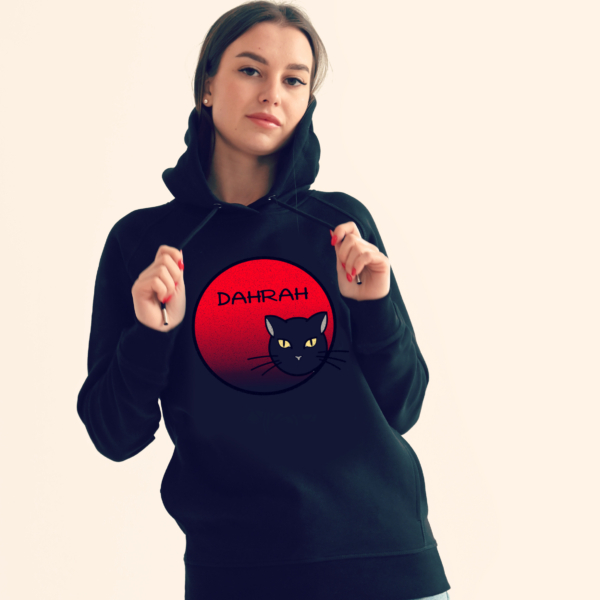 Beautiful high quality organic hoodie with print of a BLACK CAT designed by Dahrah Darah Fashion.