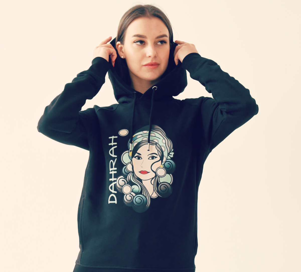 Beautiful high quality organic hoodie with print of a girl with black curls designed by Dahrah Darah Fashion.