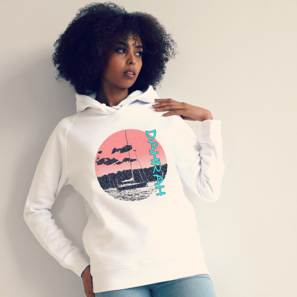 Dahrah Fashion unisex hoodie with print of a sailboat anchored at a beach.