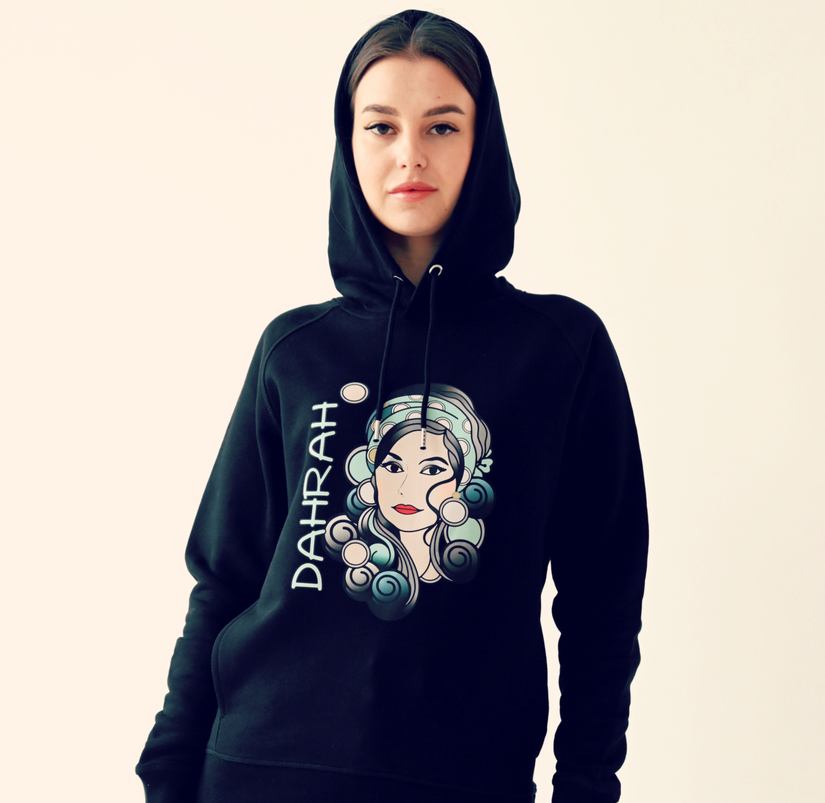 Beautiful high quality organic hoodie with print of a girl with black curls designed by Dahrah Darah Fashion.