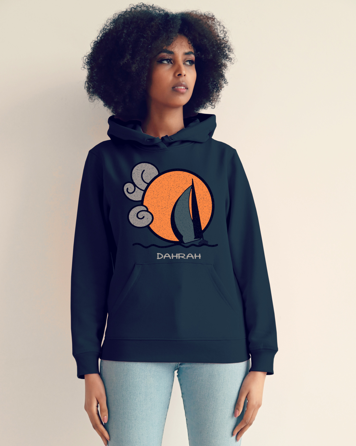 Organic hoodie with print of a SAILBOAT by Dahrah Darah Fashion.