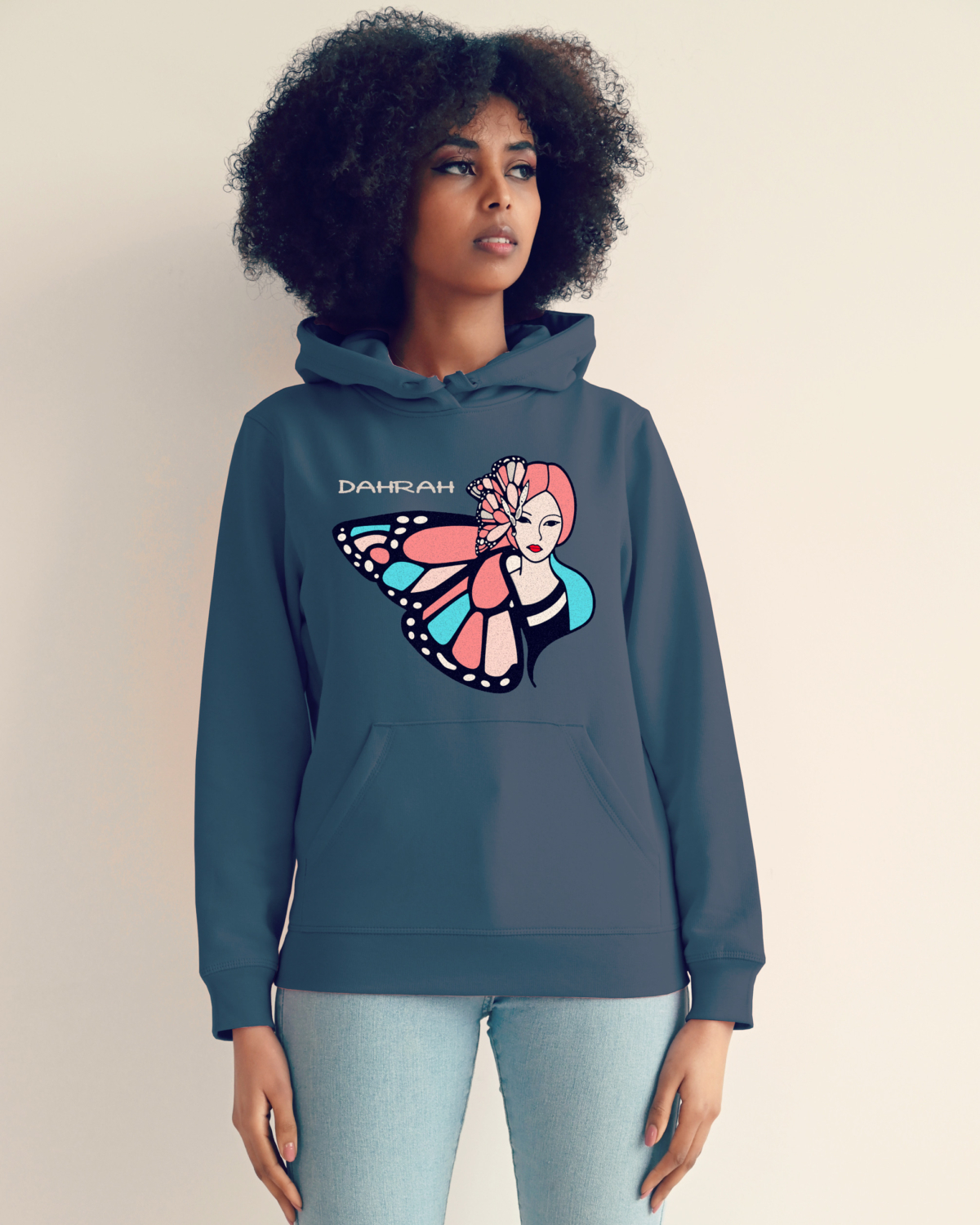 Organic hoodie with print of a geisha and butterfly by Dahrah Darah Fashion.