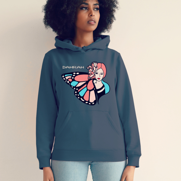 Organic hoodie with print of a geisha and butterfly by Dahrah Darah Fashion.