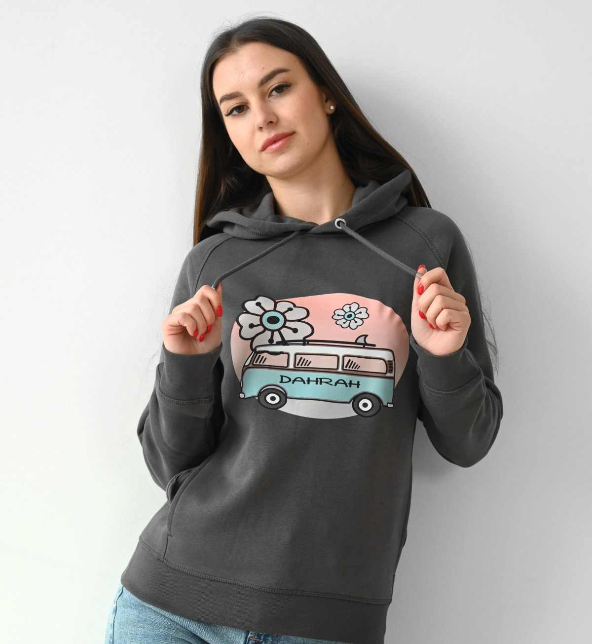 Dahrah Darah organic hoodie with print of a surf van.