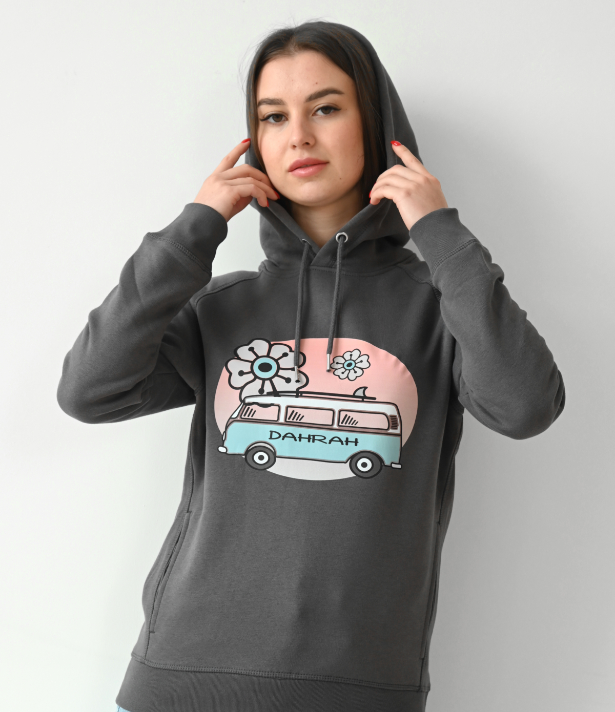 Dahrah Darah organic hoodie with print of a surf van.