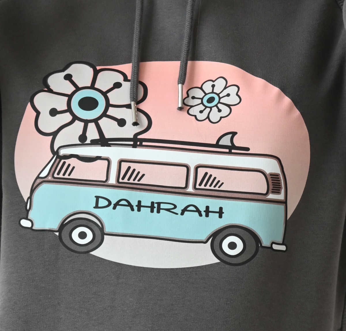 Dahrah Darah organic hoodie with print of a surf van.
