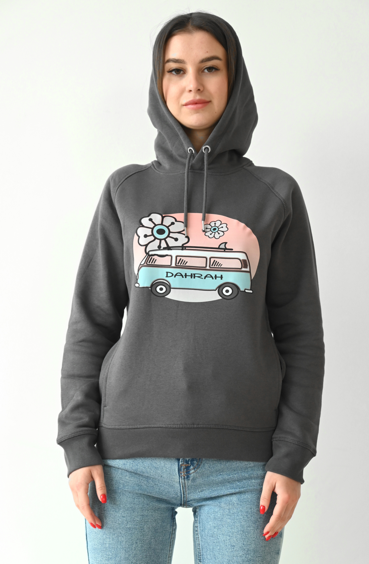Dahrah Darah organic hoodie with print of a surf van.