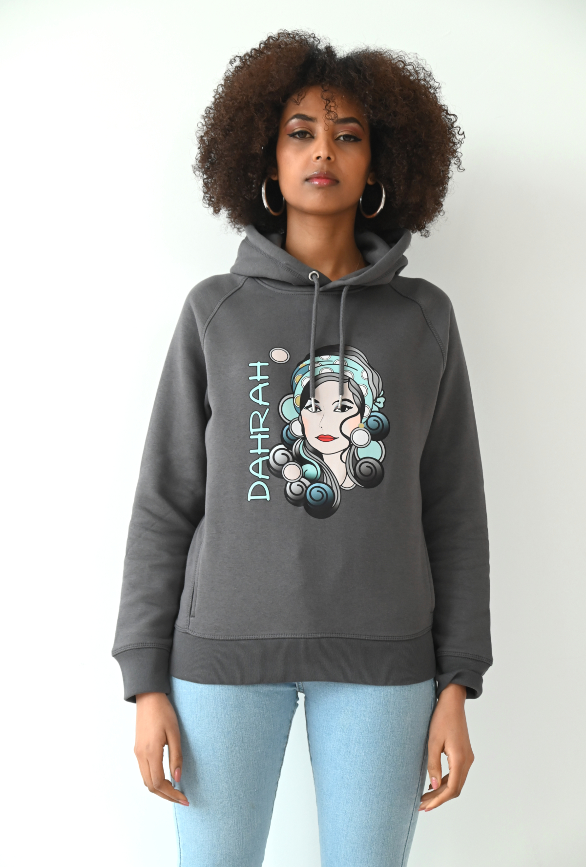 Beautiful high quality organic hoodie with print of a girl with black curls designed by Dahrah Darah Fashion.