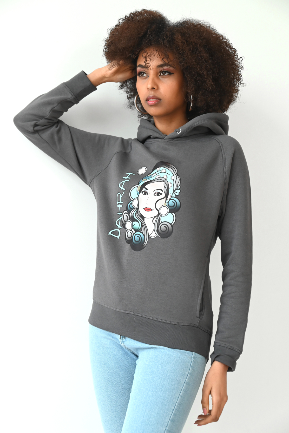 Beautiful high quality organic hoodie with print of a girl with black curls designed by Dahrah Darah Fashion.