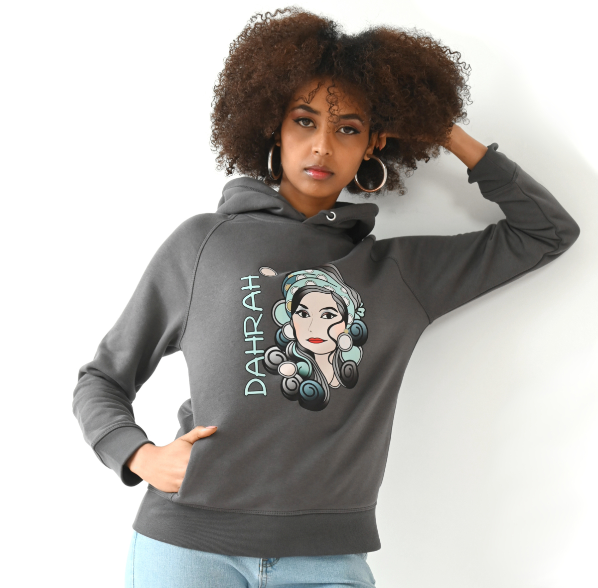 Beautiful high quality organic hoodie with print of a girl with black curls designed by Dahrah Darah Fashion.