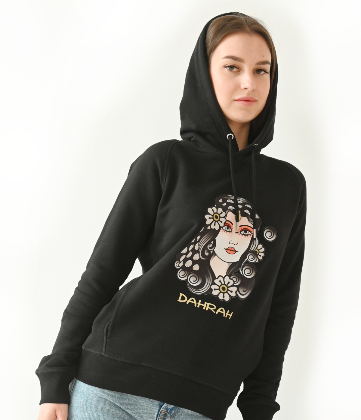 Beautiful high quality organic hoodie with print of a pirate girl in traditional tattoo style designed by Dahrah Darah Fashion.