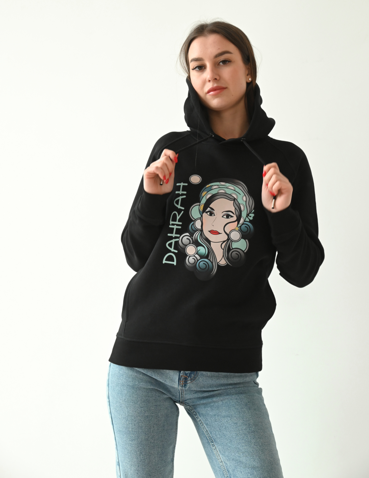 Beautiful high quality organic hoodie with print of a girl with black curls designed by Dahrah Darah Fashion.