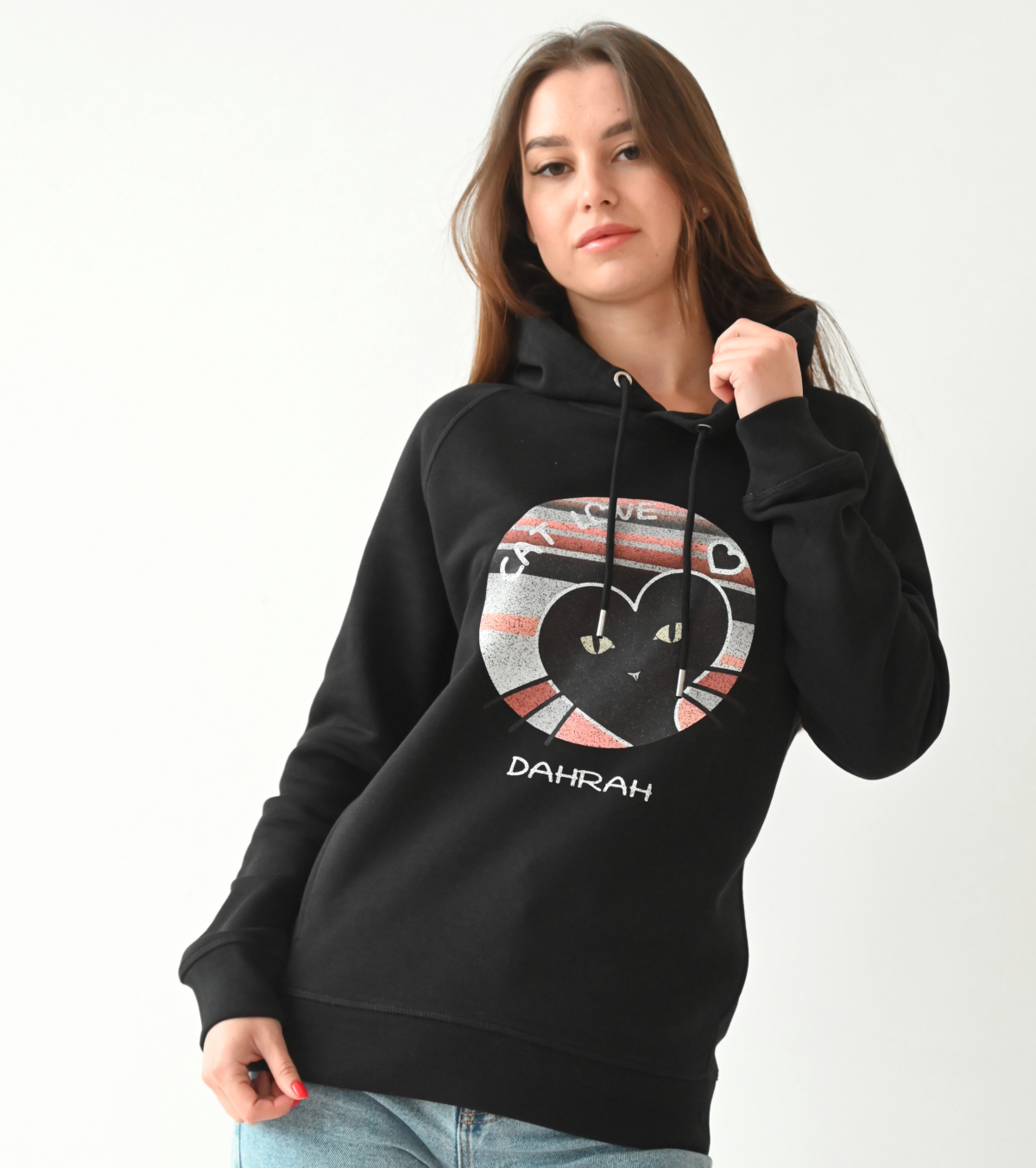 Beautiful high quality organic hoodie with print of a heart shaped black cat by Dahrah Darah Fashion.