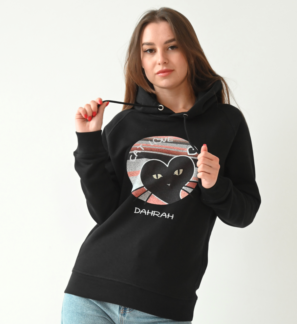 Beautiful high quality organic hoodie with print of a heart shaped black cat by Dahrah Darah Fashion.