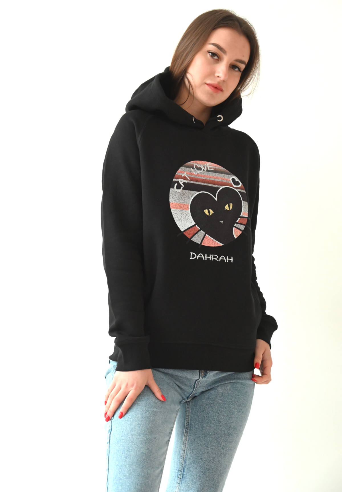 Beautiful high quality organic hoodie with print of a heart shaped black cat by Dahrah Darah Fashion.