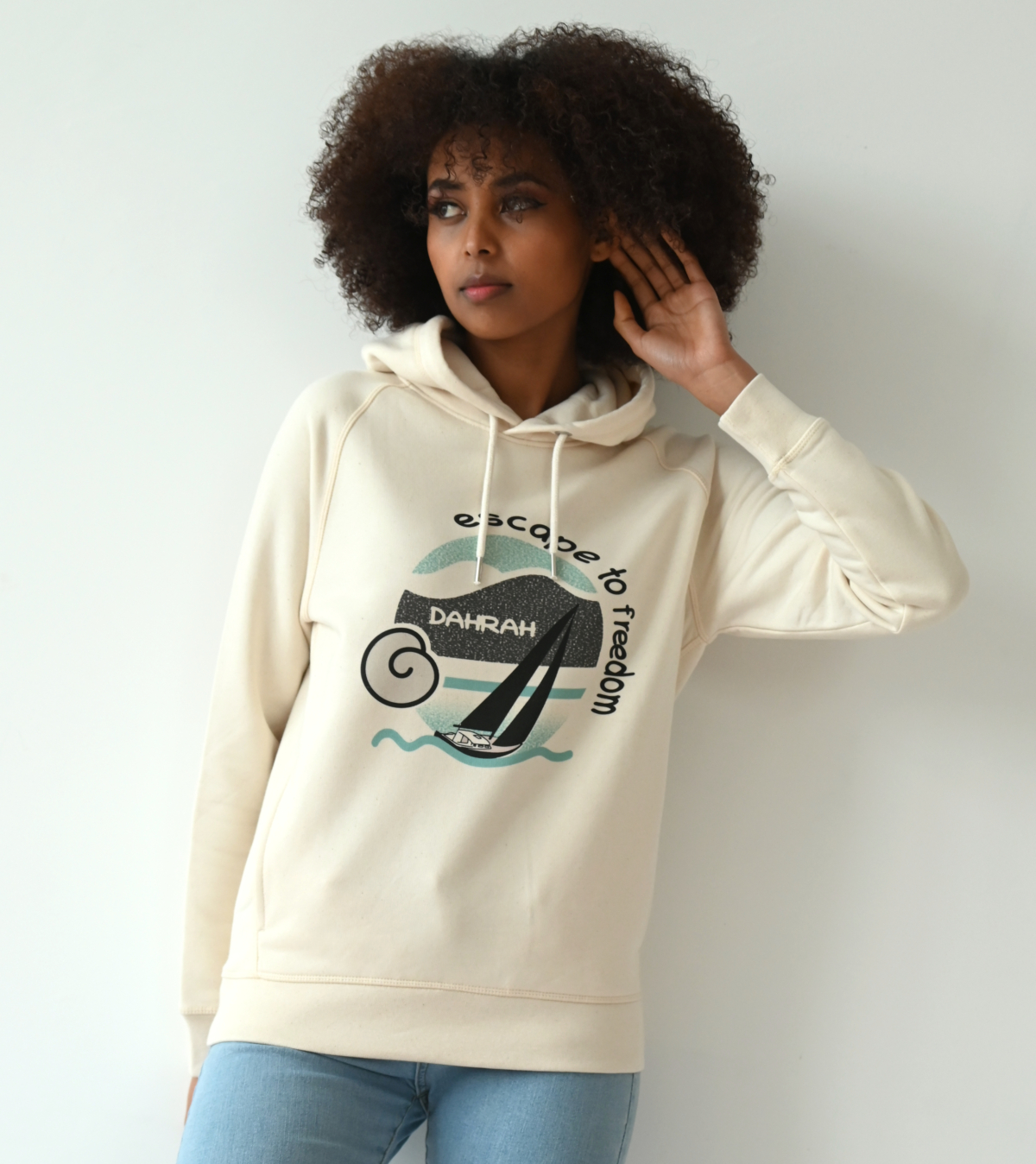 Beautiful high quality organic hoodie with print of a sailing boat by Dahrah Darah Fashion.