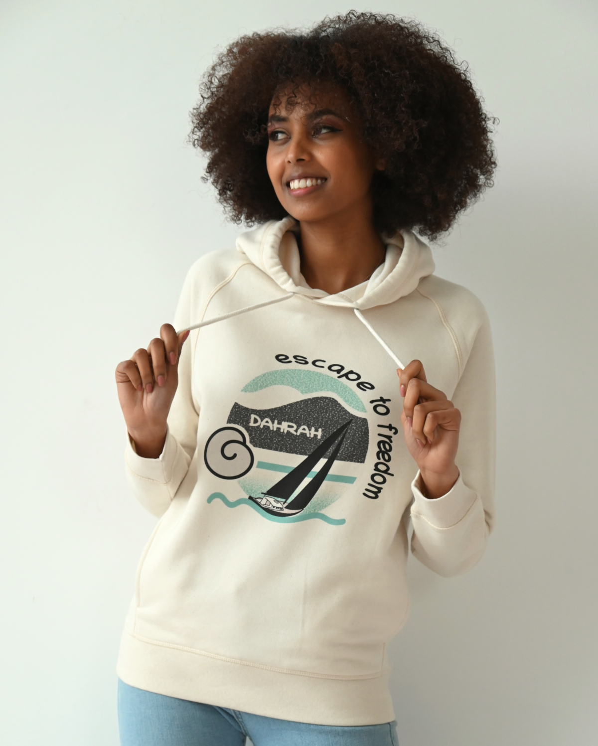 Beautiful high quality organic hoodie with print of a sailing boat by Dahrah Darah Fashion.