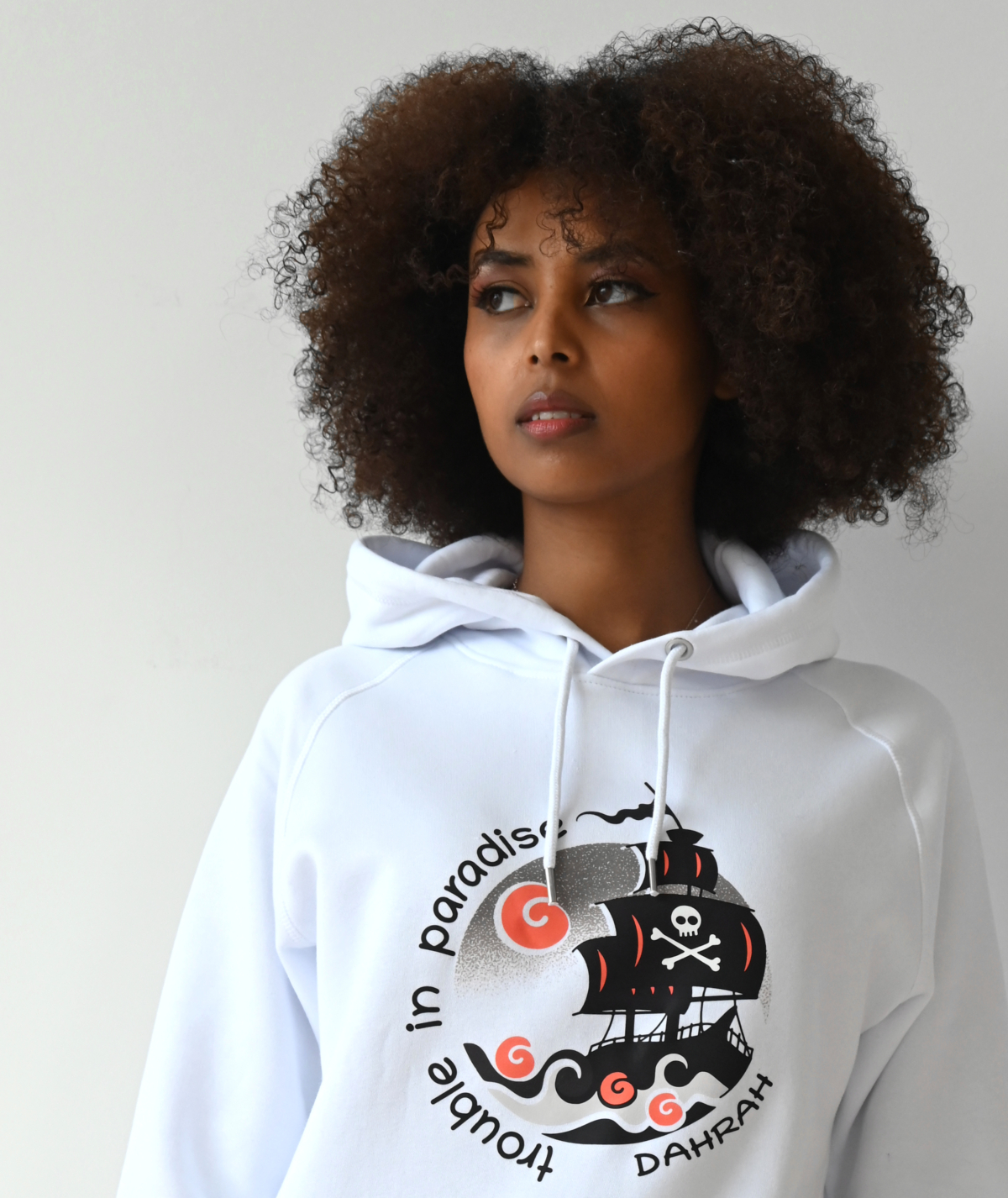 Beautiful high quality organic hoodie with print of a pirate ship by Dahrah Darah Fashion.