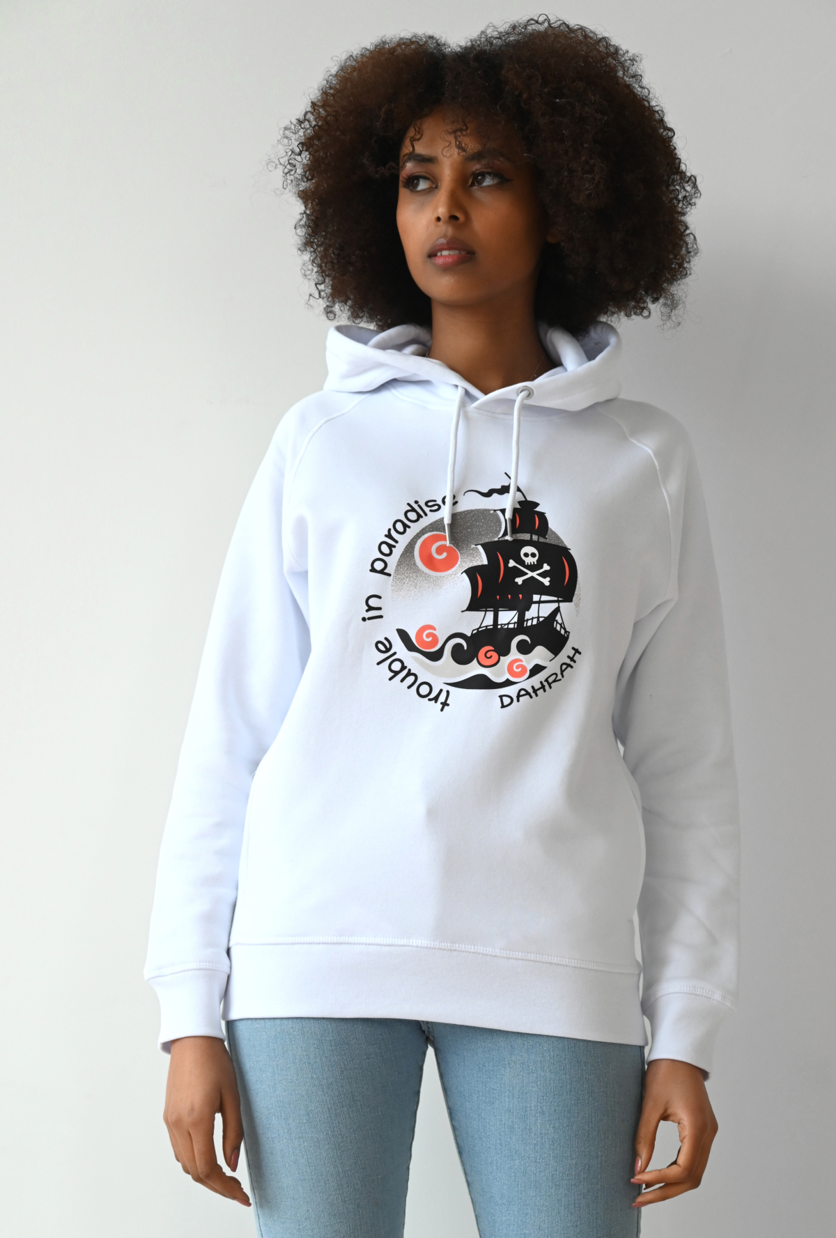 Beautiful high quality organic hoodie with print of a pirate ship by Dahrah Darah Fashion.