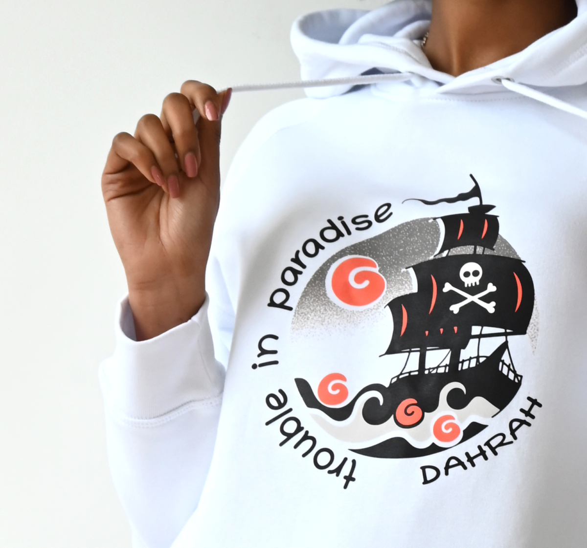 Beautiful high quality organic hoodie with print of a pirate ship by Dahrah Darah Fashion.