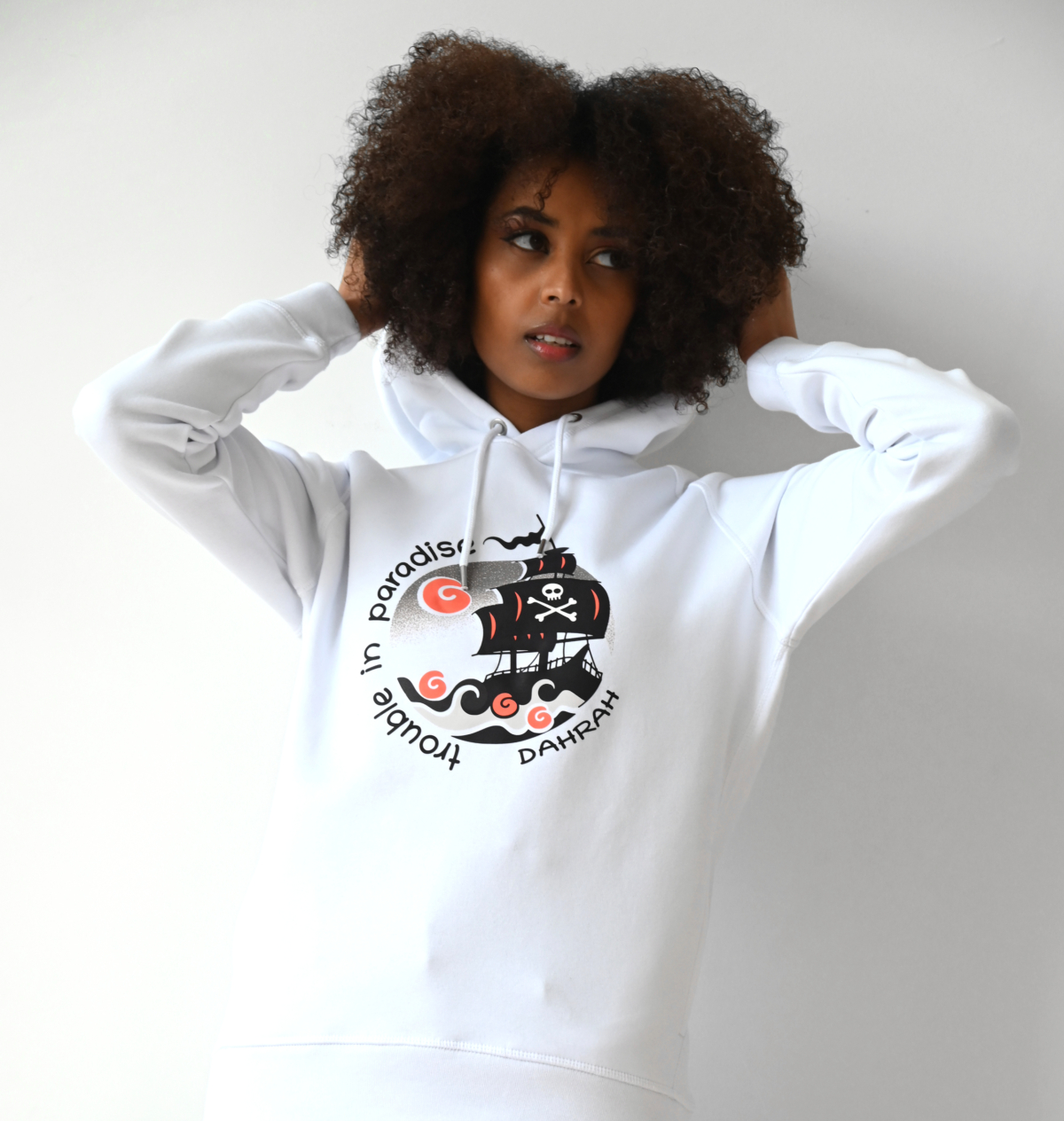 Beautiful high quality organic hoodie with print of a pirate ship by Dahrah Darah Fashion.