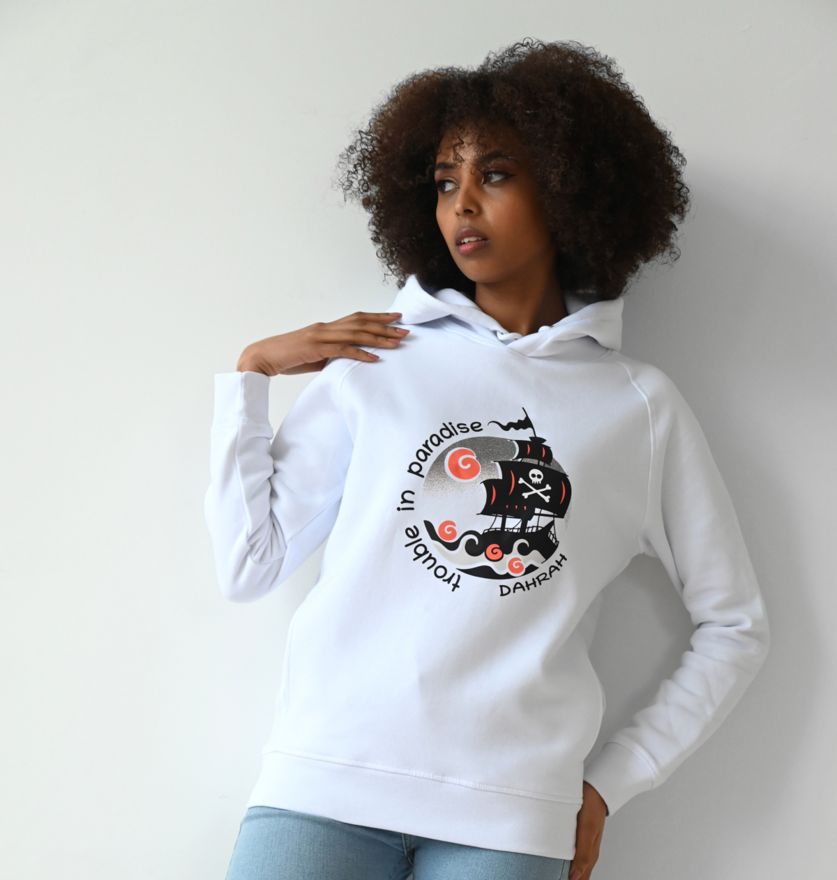 Beautiful high quality organic hoodie with print of a pirate ship by Dahrah Darah Fashion.