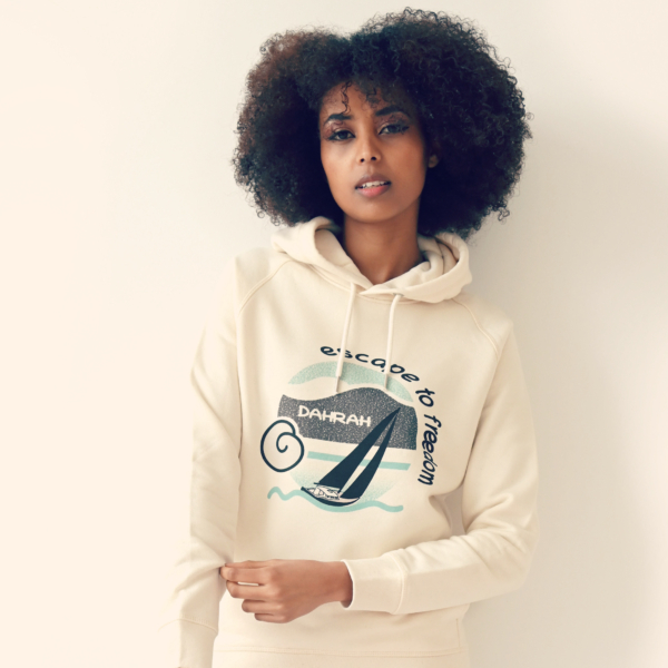 Beautiful high quality organic hoodie with print of a sailing boat designed by Dahrah Darah Fashion.