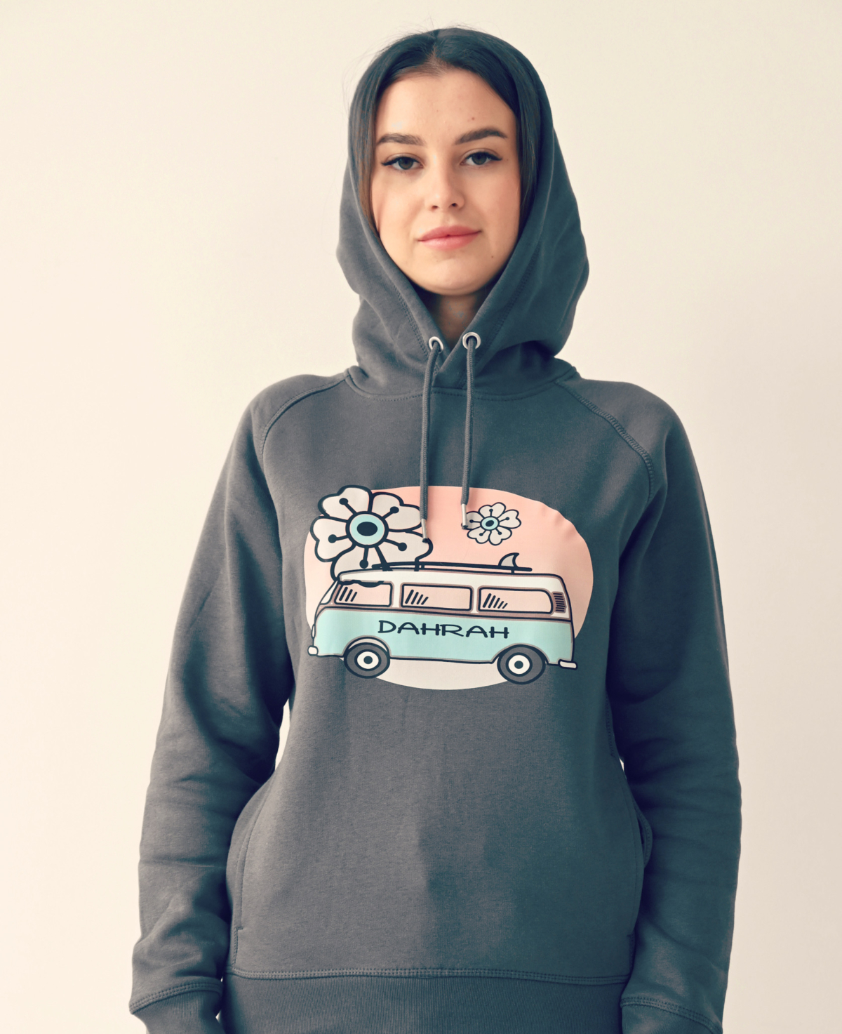 Beautiful high quality organic hoodie with print of a surf van designed by Dahrah Darah Fashion.