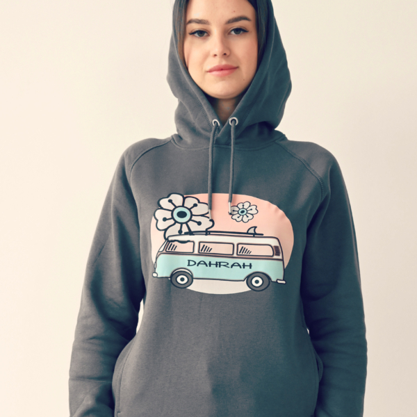 Beautiful high quality organic hoodie with print of a surf van designed by Dahrah Darah Fashion.