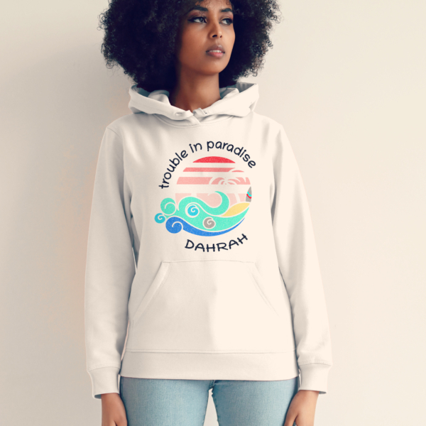 Organic hoodie with print of a tropical beach with shark and surfboard by Dahrah Darah Fashion.