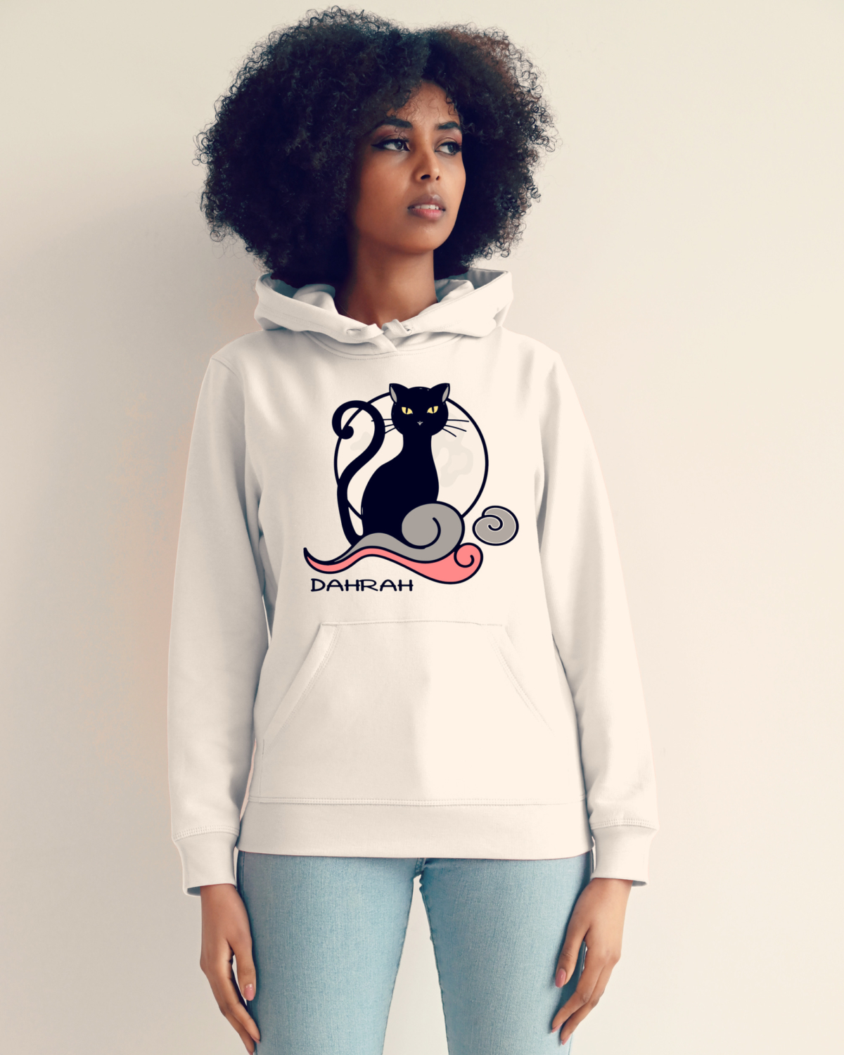 Organic hoodie with print of a BIG BLACK CAT by Dahrah Darah Fashion.