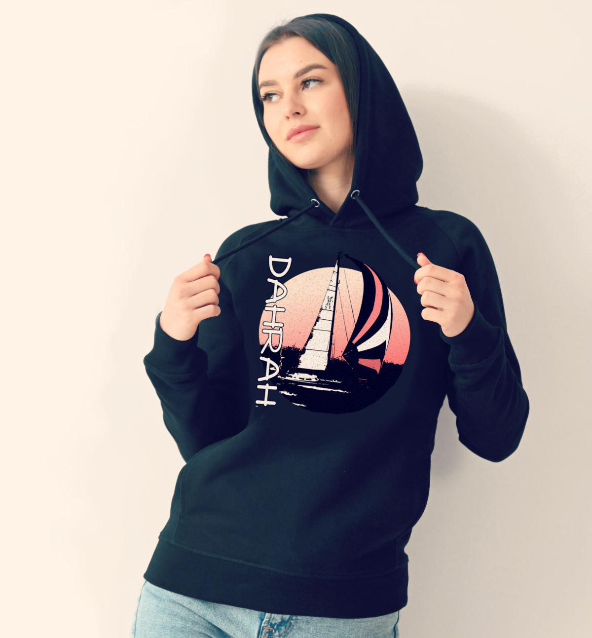 Beautiful high quality organic hoodie with print of a sailing boat designed by Dahrah Darah Fashion.