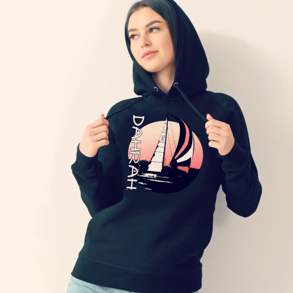 Beautiful high quality organic hoodie with print of a sailing boat designed by Dahrah Darah Fashion.