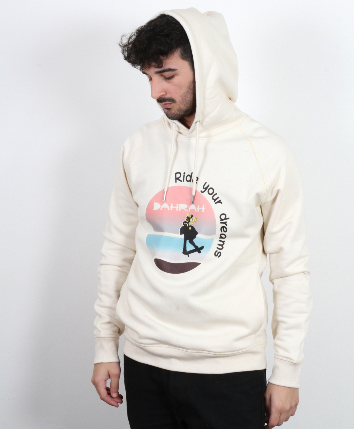 Beautiful high quality organic hoodie with print of a girl skateboarding designed by Dahrah Darah Fashion.