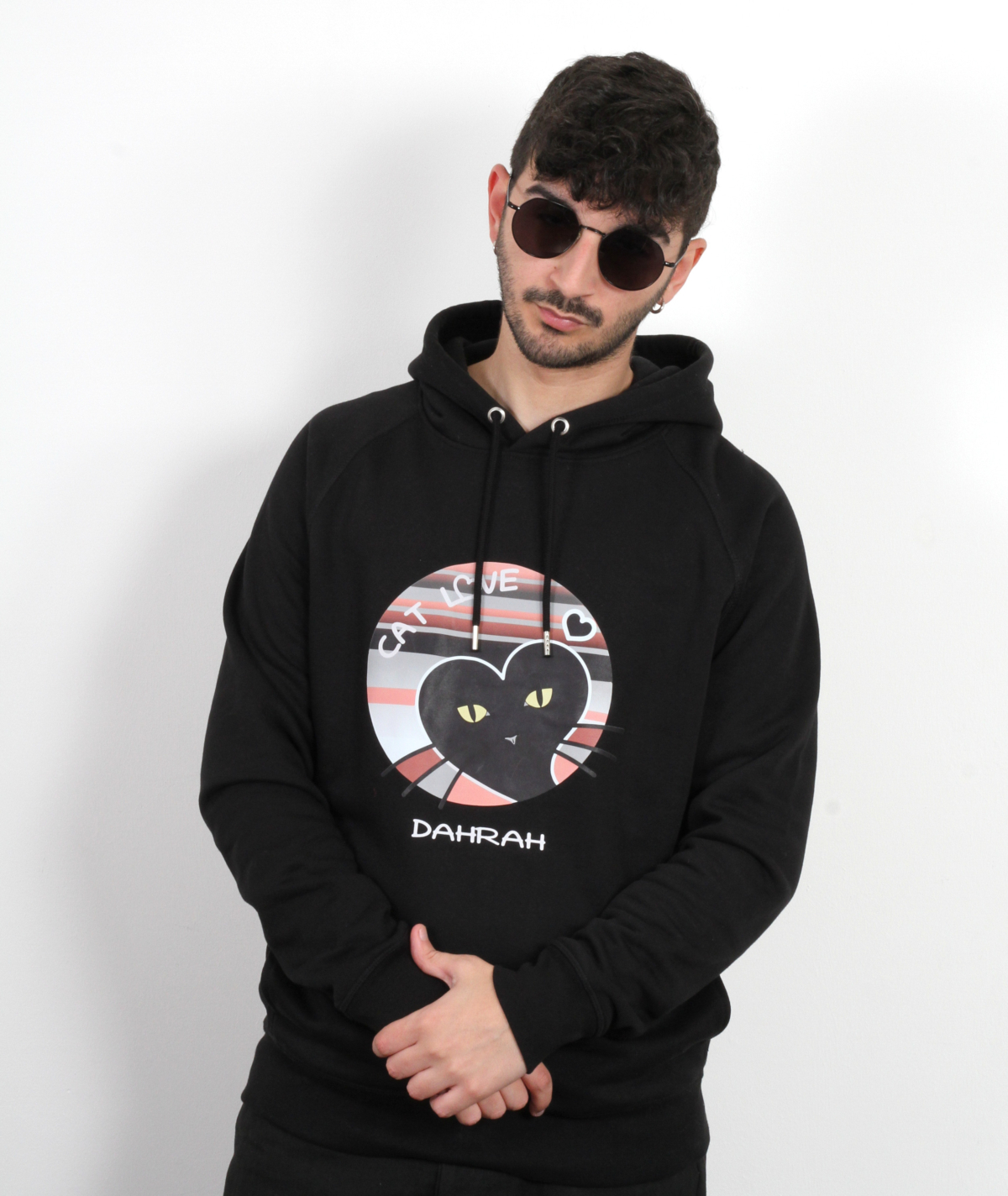 Beautiful high quality organic hoodie with print of a heart shaped black cat by Dahrah Darah Fashion.