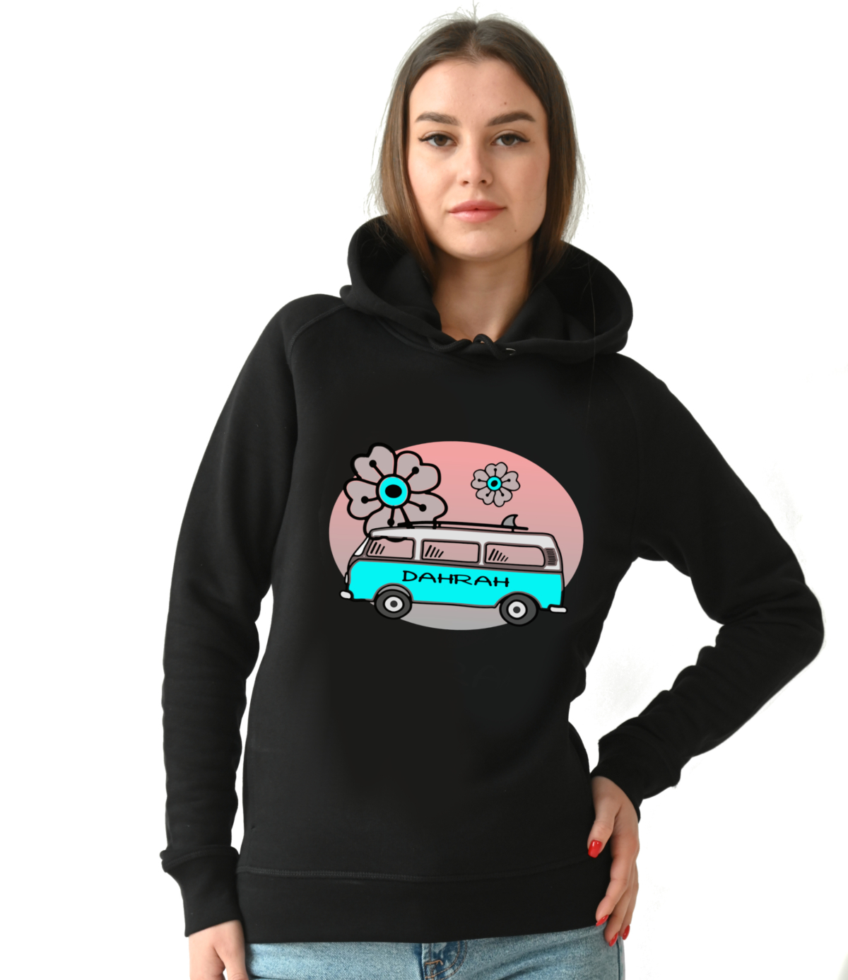 Beautiful high quality organic hoodie with print of a surf van designed by Dahrah Darah Fashion.