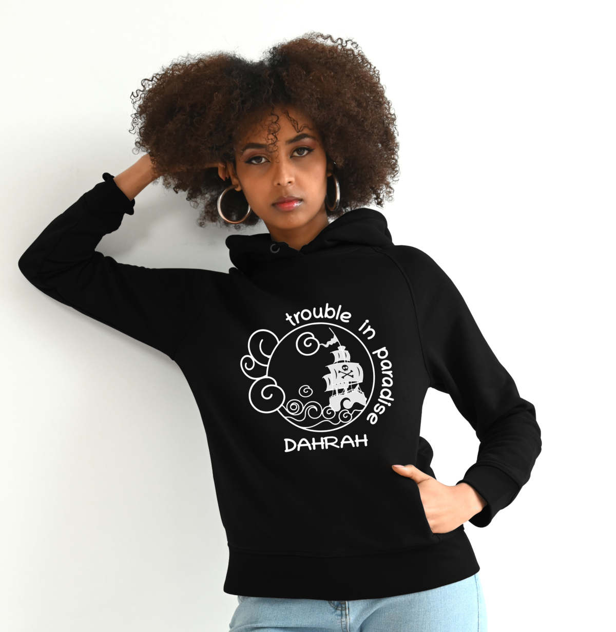 Beautiful high quality organic hoodie with print of a pirate ship designed by Dahrah Darah Fashion.