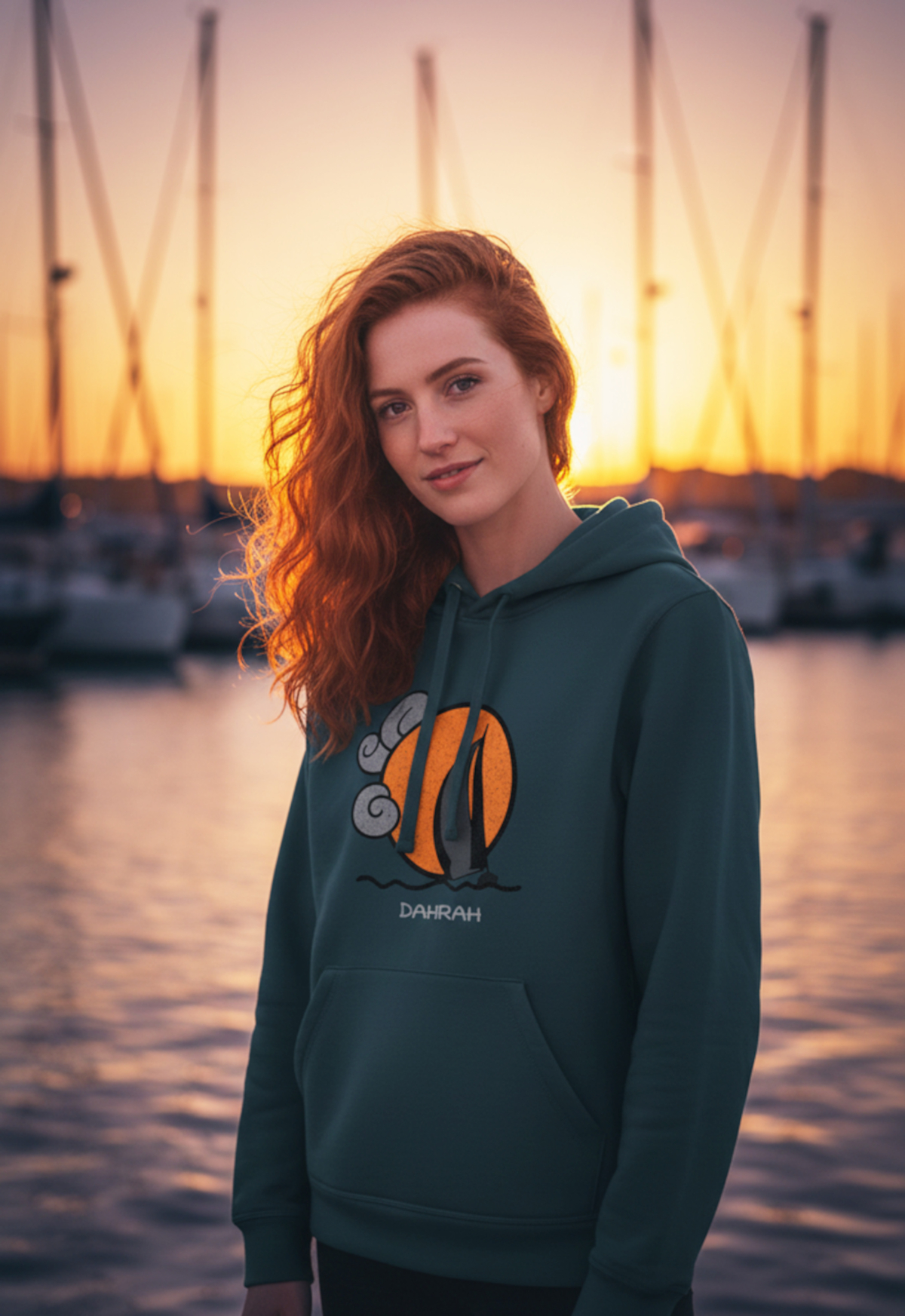 Organic hoodie with print of a SAILBOAT by Dahrah Darah Fashion.