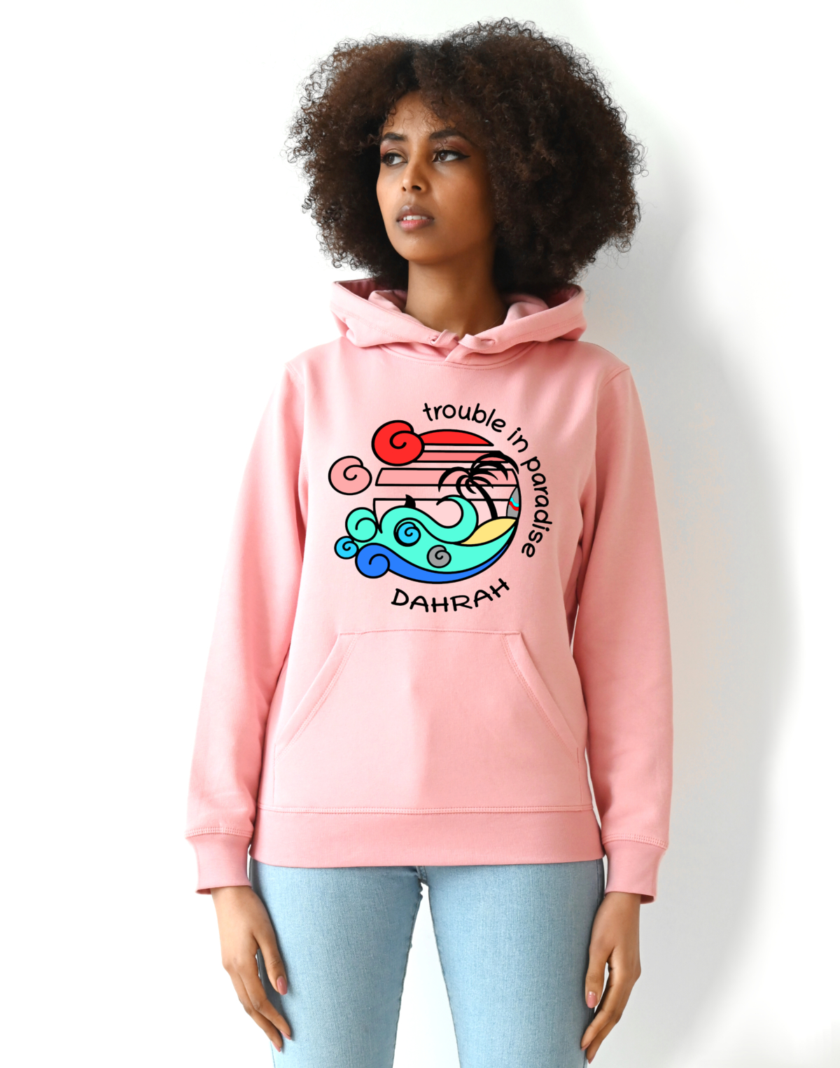 Organic hoodie with print of a tropical beach with shark and surfboard by Dahrah Darah Fashion.