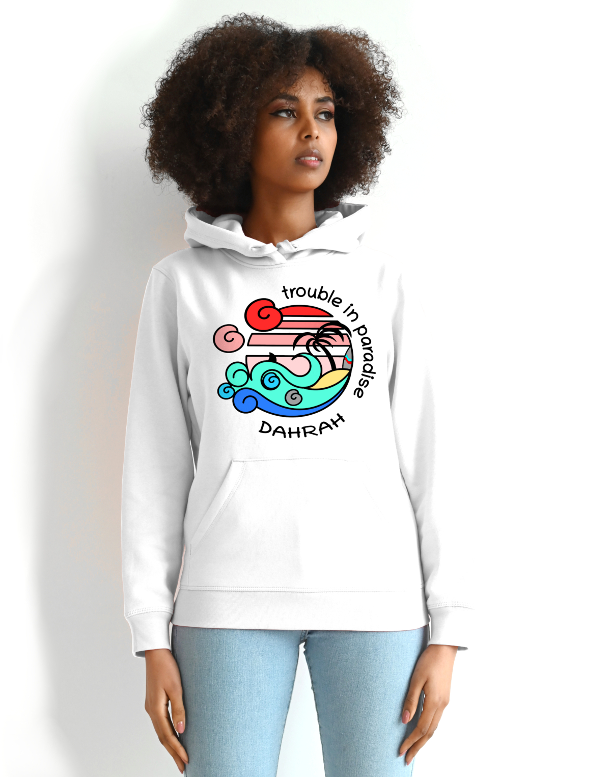 Organic hoodie with print of a tropical beach with shark and surfboard by Dahrah Darah Fashion.