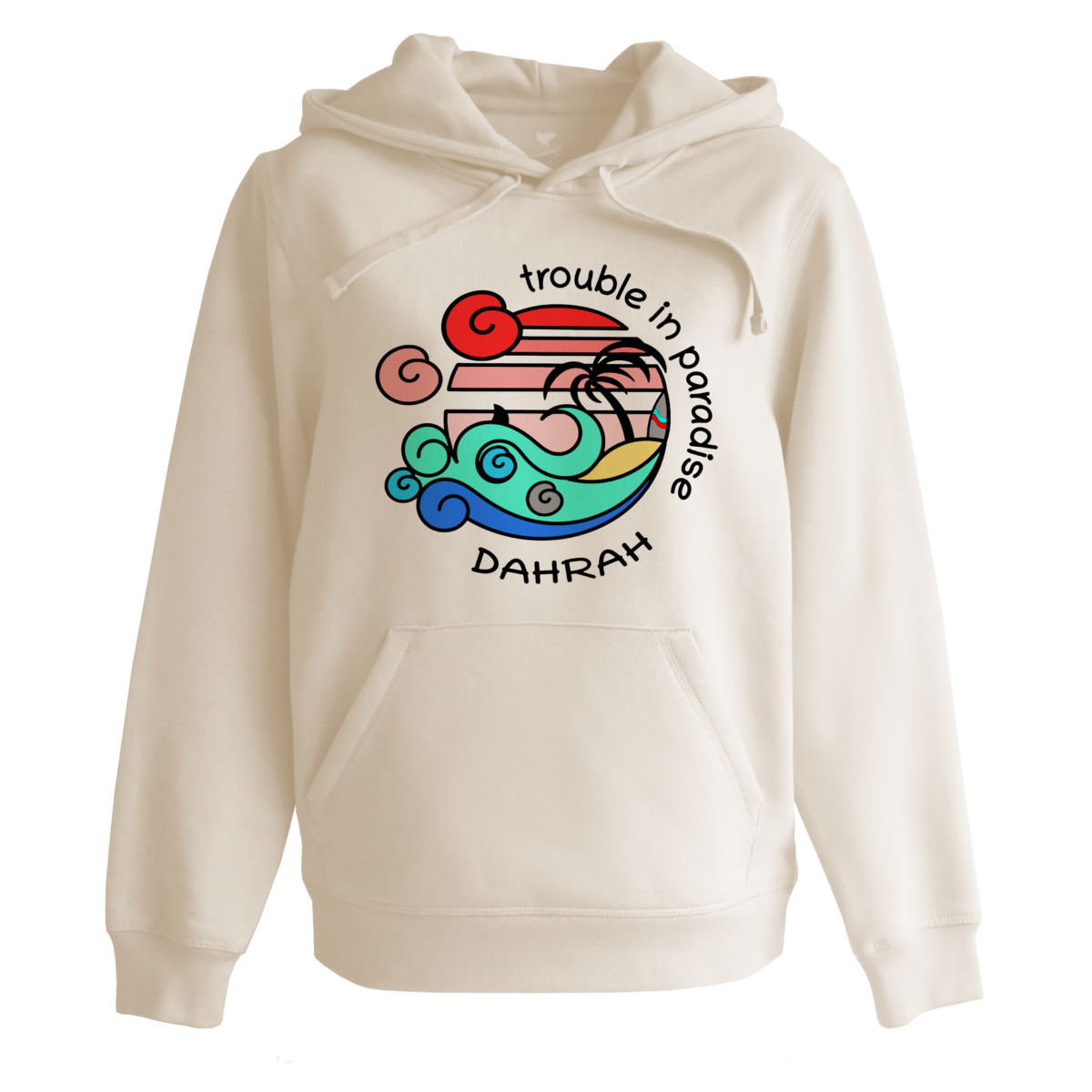 Organic hoodie with print of a tropical beach with shark and surfboard by Dahrah Darah Fashion.