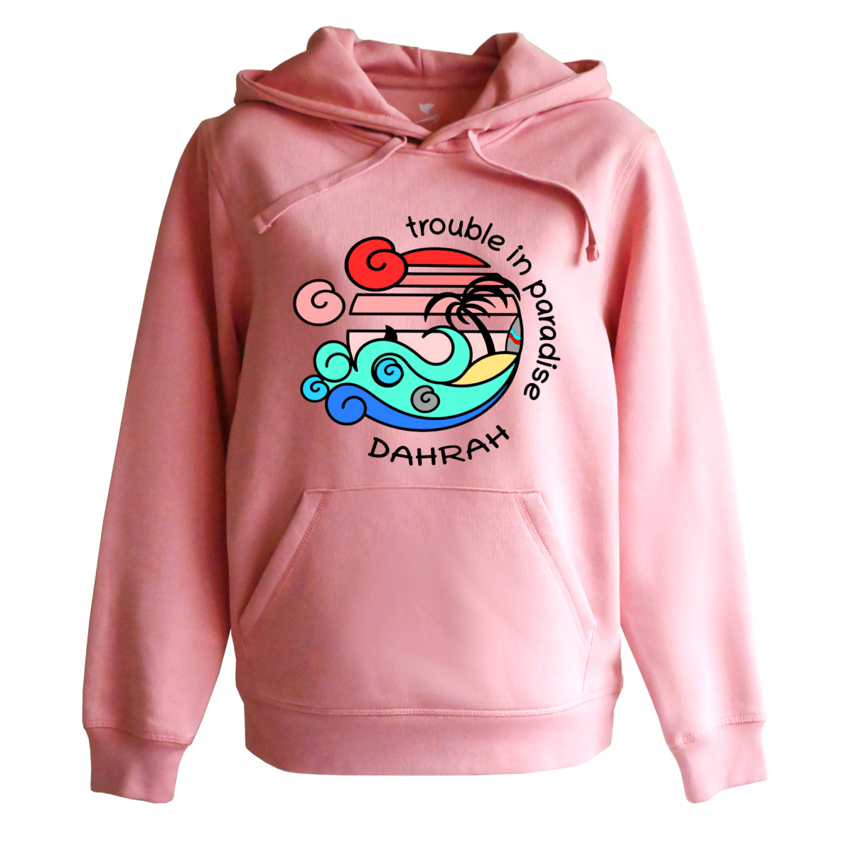 Organic hoodie with print of a tropical beach with shark and surfboard by Dahrah Darah Fashion.