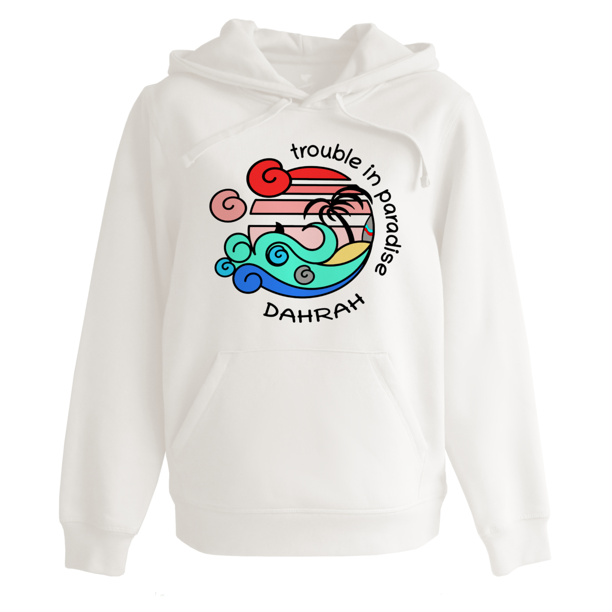 Organic hoodie with print of a tropical beach with shark and surfboard by Dahrah Darah Fashion.